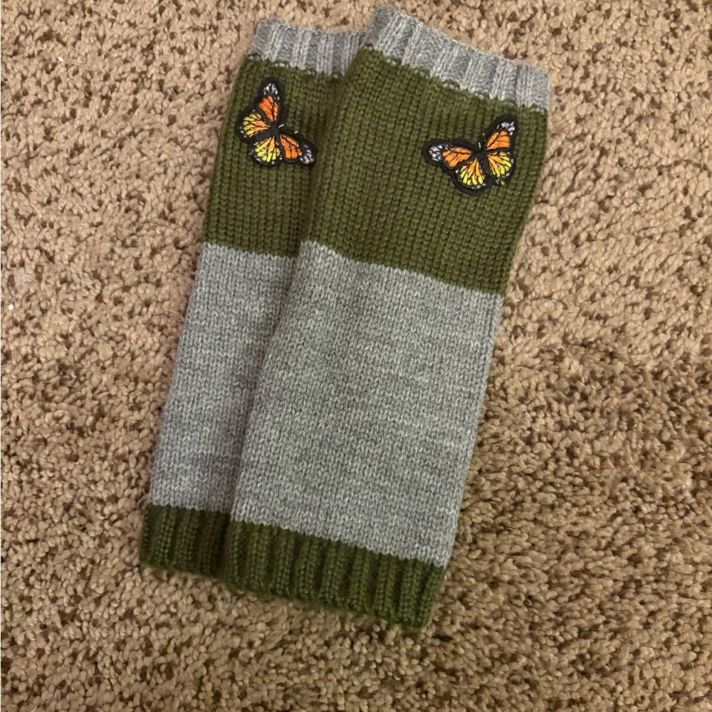 Green & Gray Striped Fingerless Gloves with Butterfly Applique